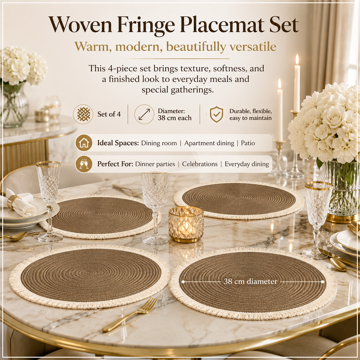 Essential 4-Piece Round Woven Fringe Placemat Set – 38 cm