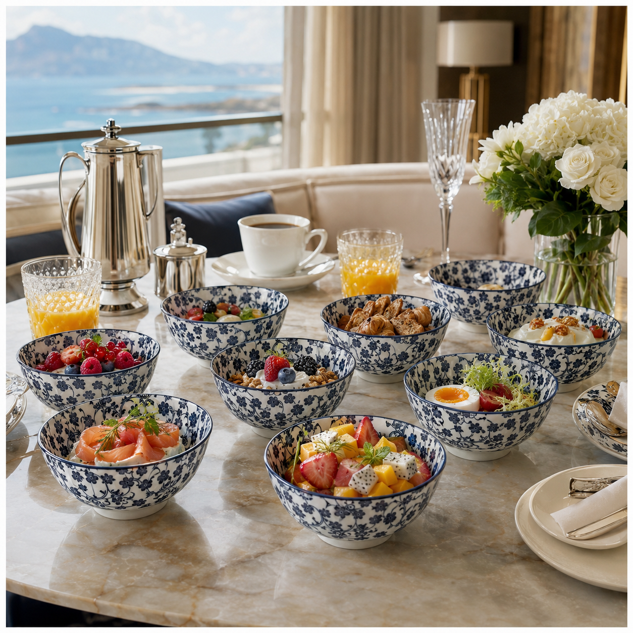 Elegant 10-Piece Blue and White Porcelain Starter Bowl Set