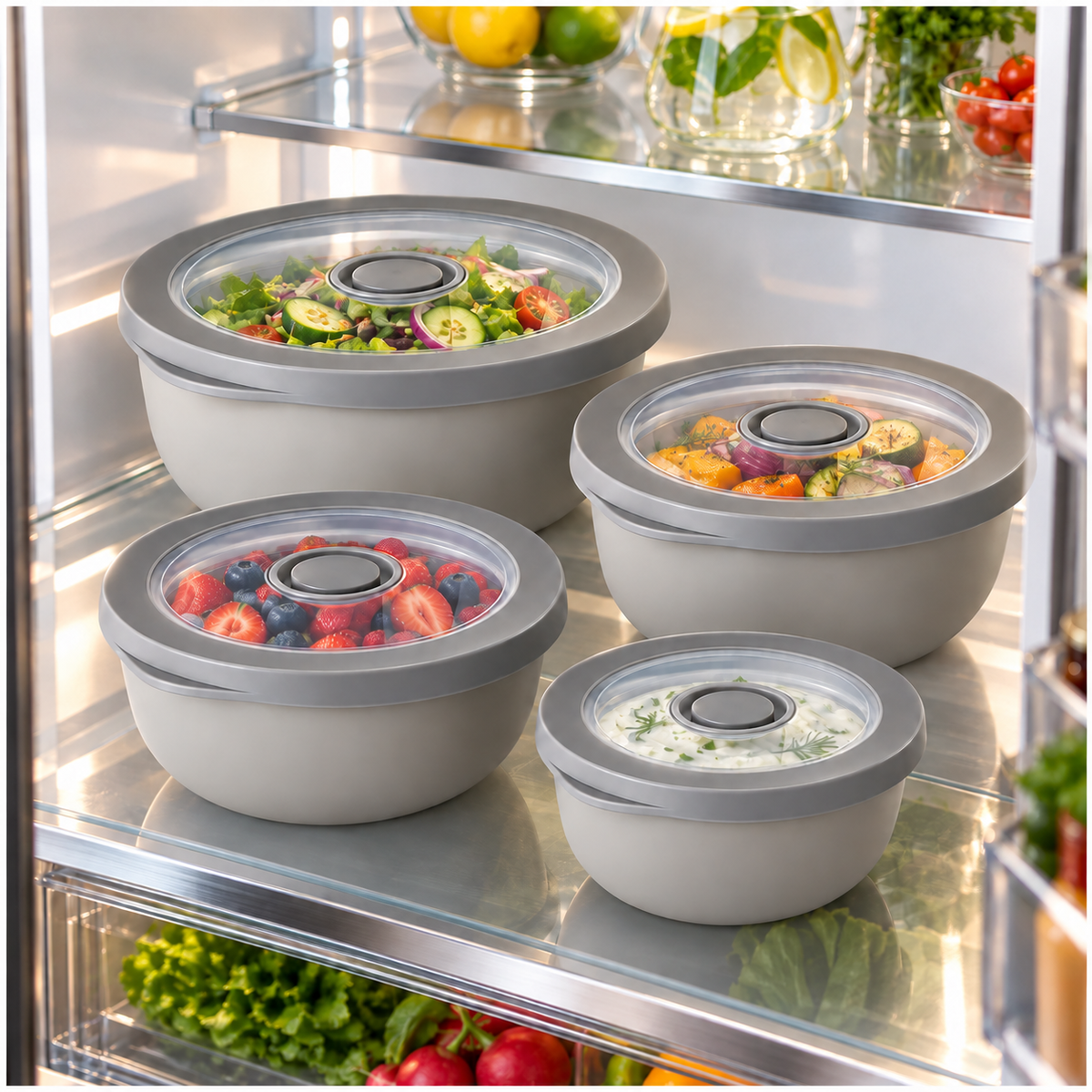 Airtight Round Food Storage Container Set of 4 – Grey, Clear Lids, BPA-Free
