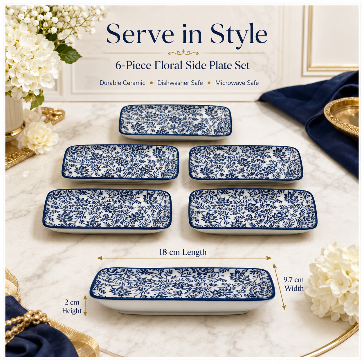 6-Piece Navy Floral Ceramic Side Plates for Luxe Hosting and Everyday Style