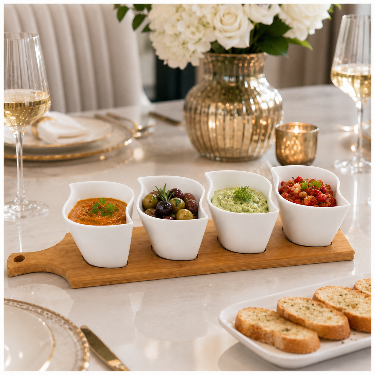 Elegant Ceramic Dipping Bowl Set with Bamboo Serving Paddle Board –