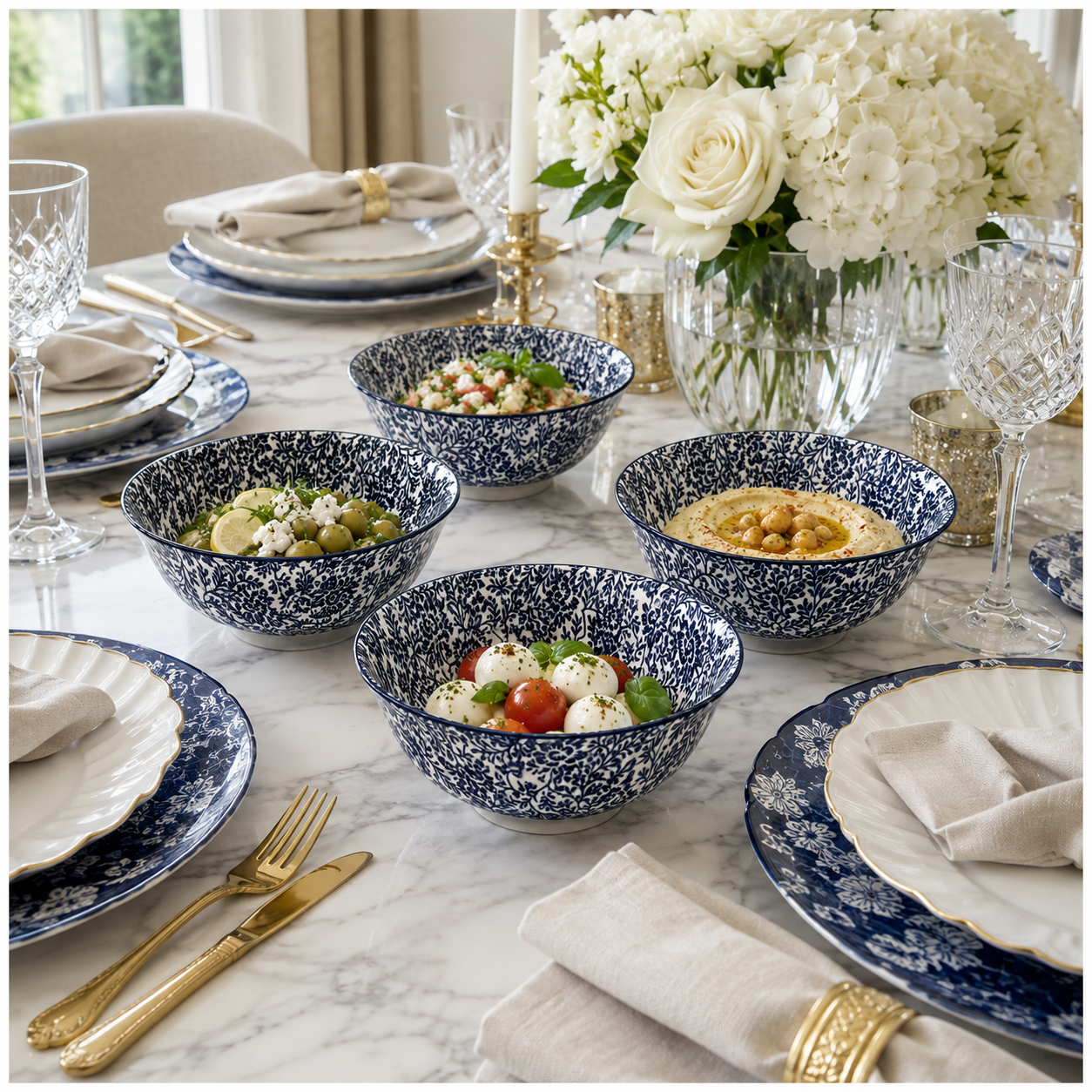 Elegant 5-Piece Blue Floral Fine Porcelain Bowl Set – Fine Dining - 16 cm