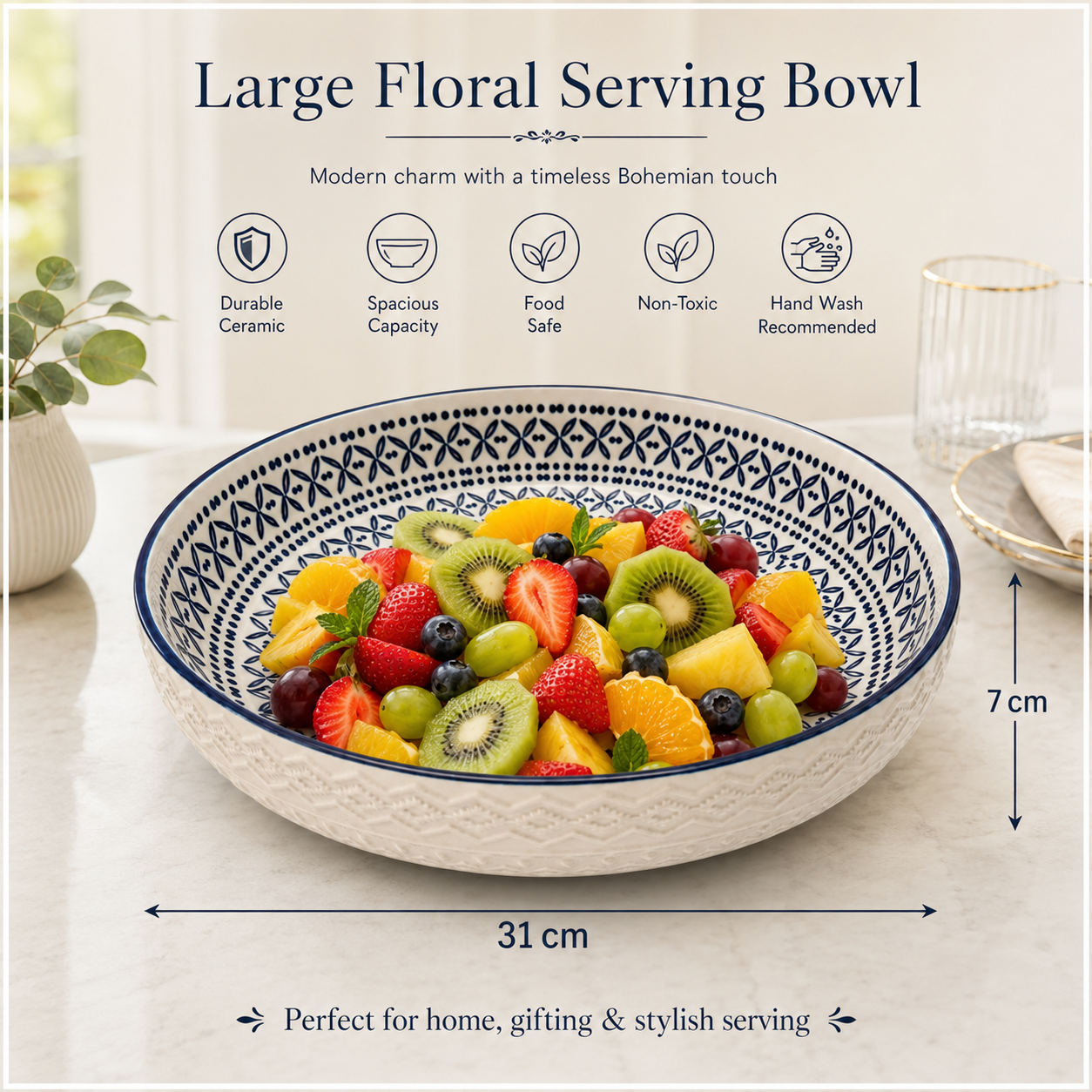 Luxury Large Ceramic Salad Serving Bowl 31cm–Navy and White -Floral Design