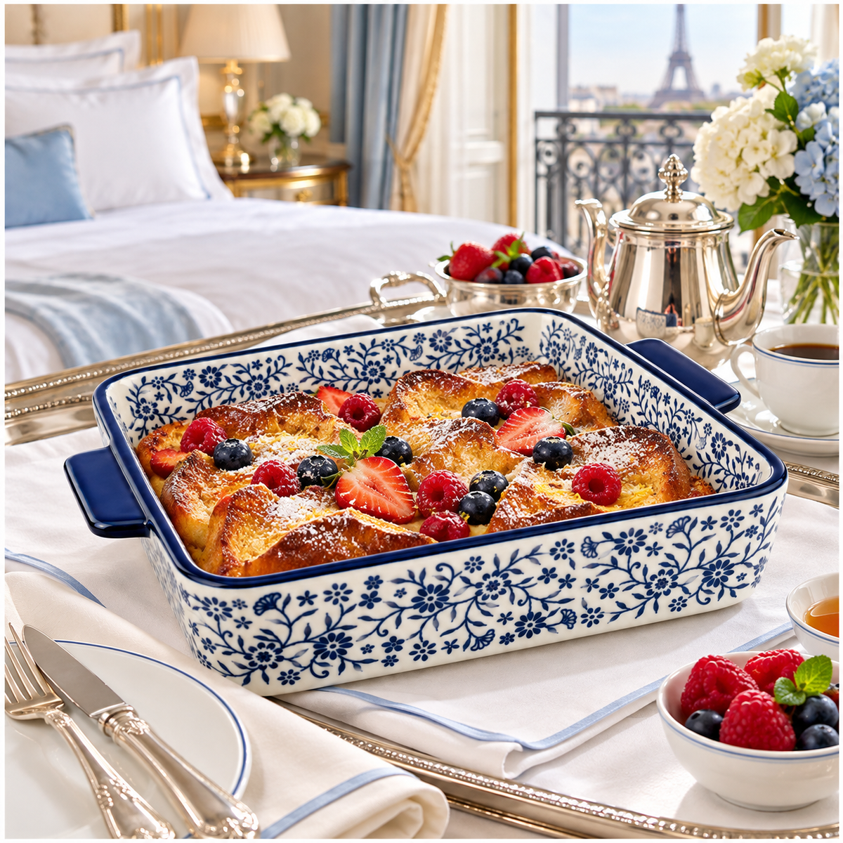 Elegant Blue and White Floral Porcelain Baking Dish with Handles - 29.5cm