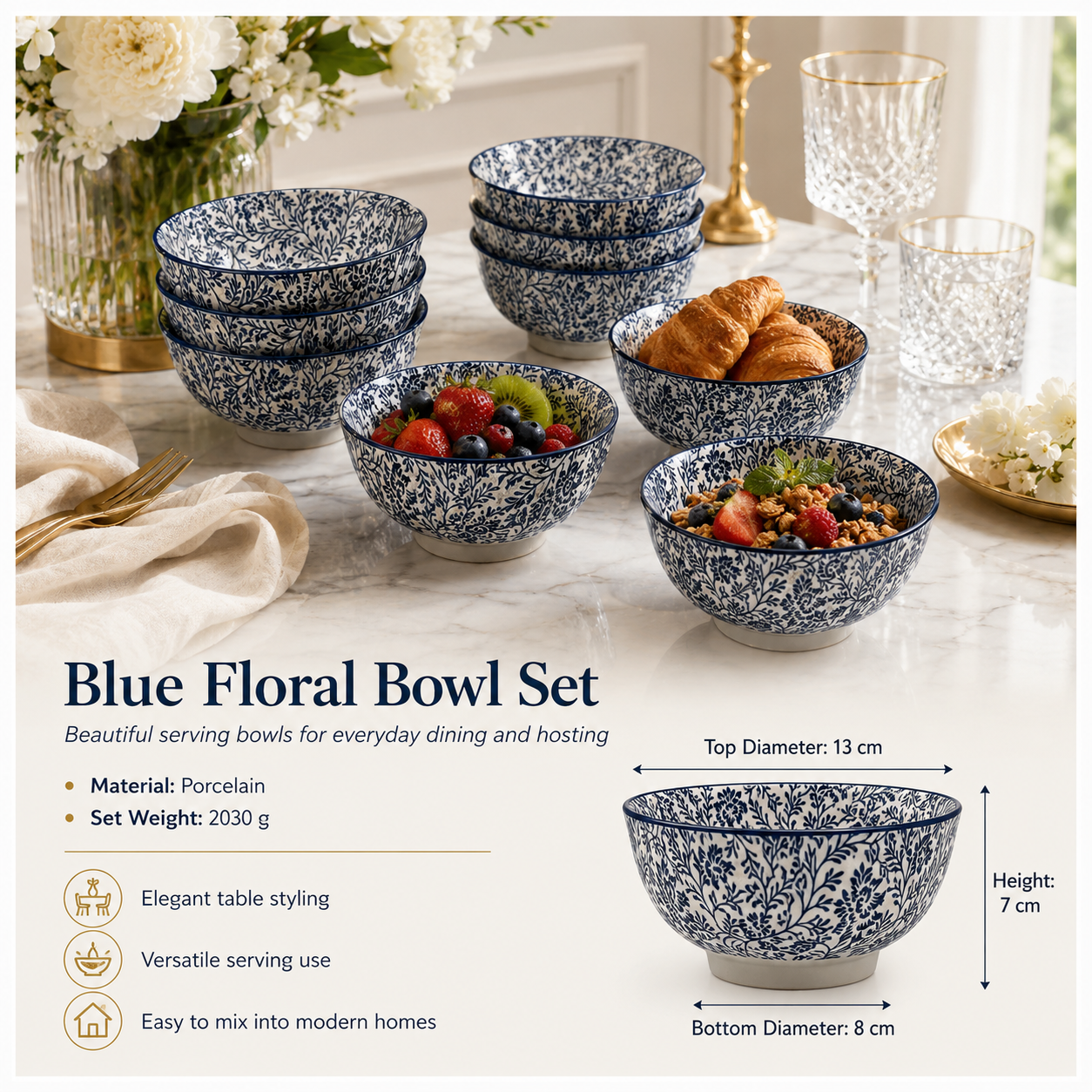 Elegant 8-Piece Blue Floral Porcelain Bowl Set – 13 cm