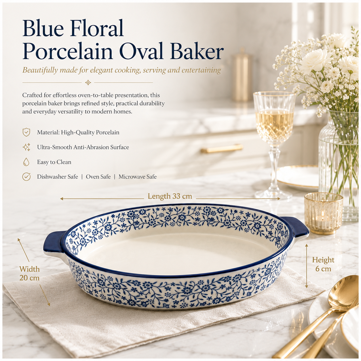 33cm Blue Floral Porcelain Oval Baking Dish with Handles