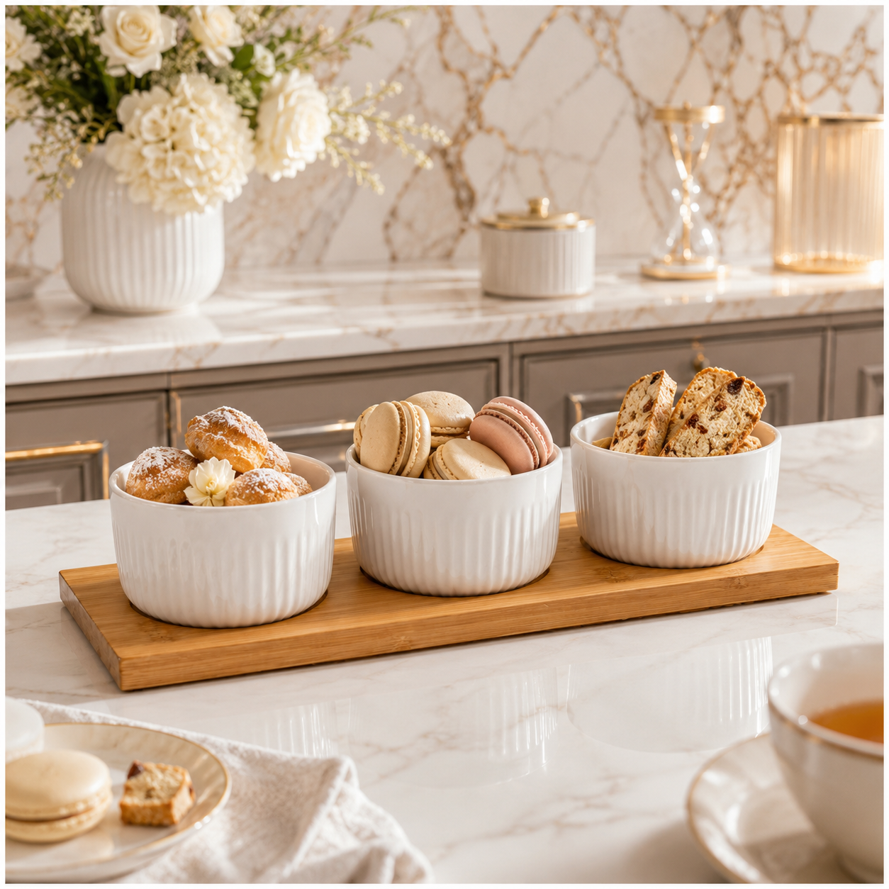 Elegant 4 Piece Bamboo Tray and Ceramic Pastry Bowls -Classic Serveware Set