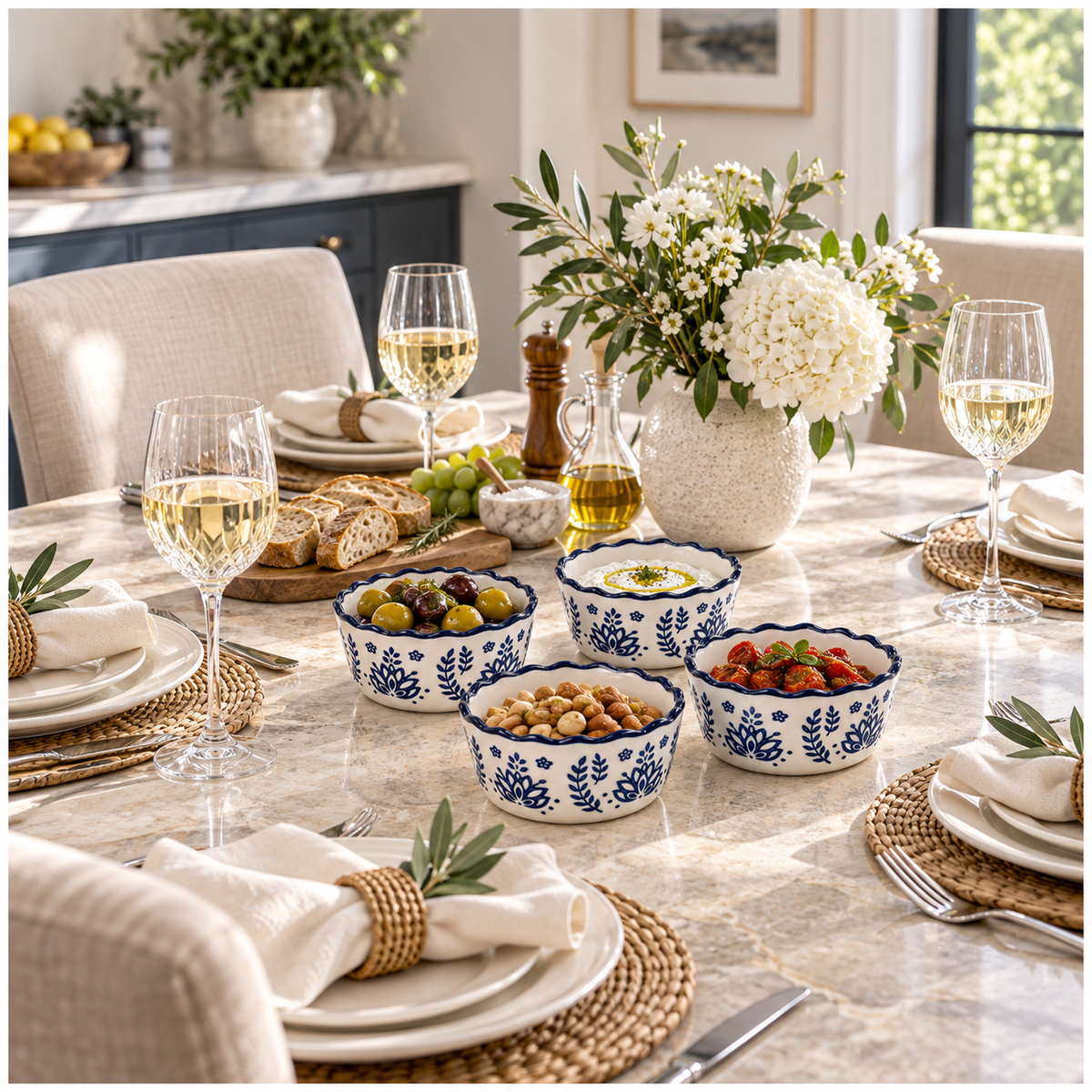 Elegant Navy Botanical Porcelain Sauce Bowls – Set of 4 Floral Bowls