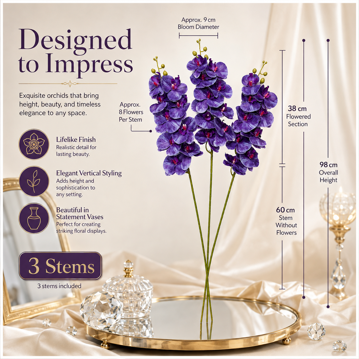 3 Piece Decorative Orchid Stem Set – Beautiful Tall Flowers -98 cm