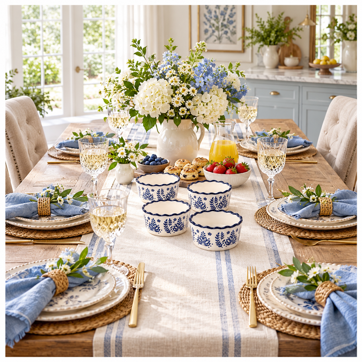 Elegant Navy Botanical Porcelain Sauce Bowls – Set of 4 Floral Bowls