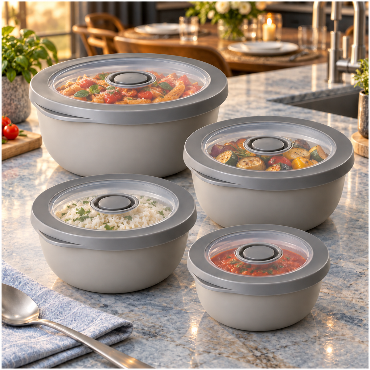 Airtight Round Food Storage Container Set of 4 – Grey, Clear Lids, BPA-Free