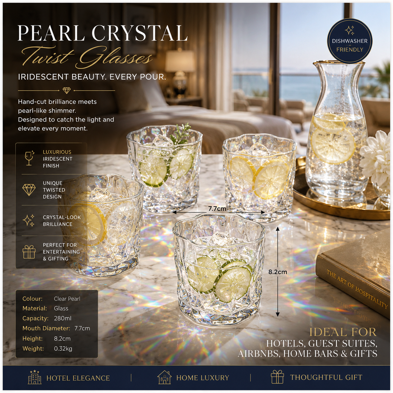 Luxury 4-Piece Twisted Shining Pearl Crystal-Look Glass Set – 280ml