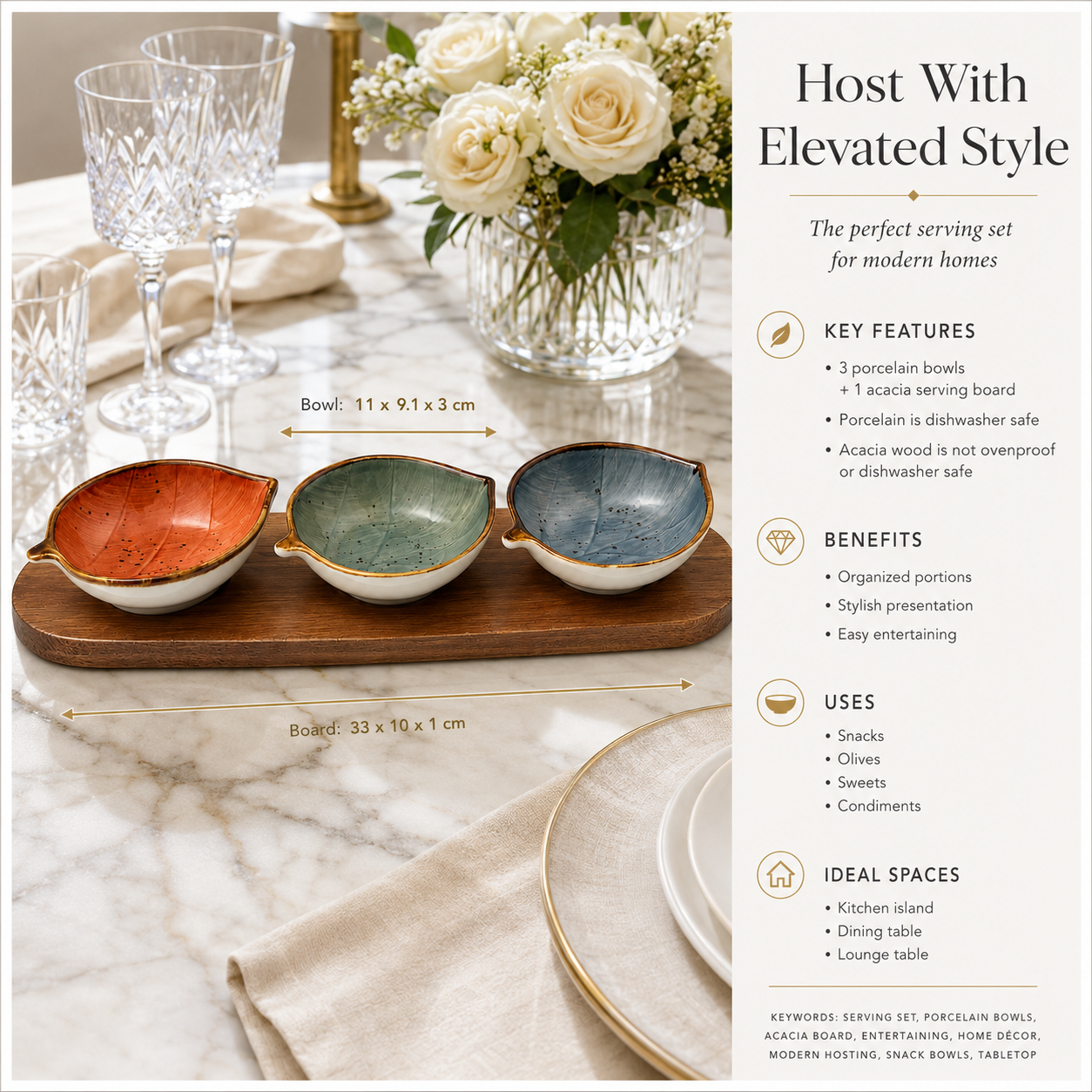 Elegant 4-Piece Leaf Bowl Serveware Bowls Set With Acacia Board - 33 cm