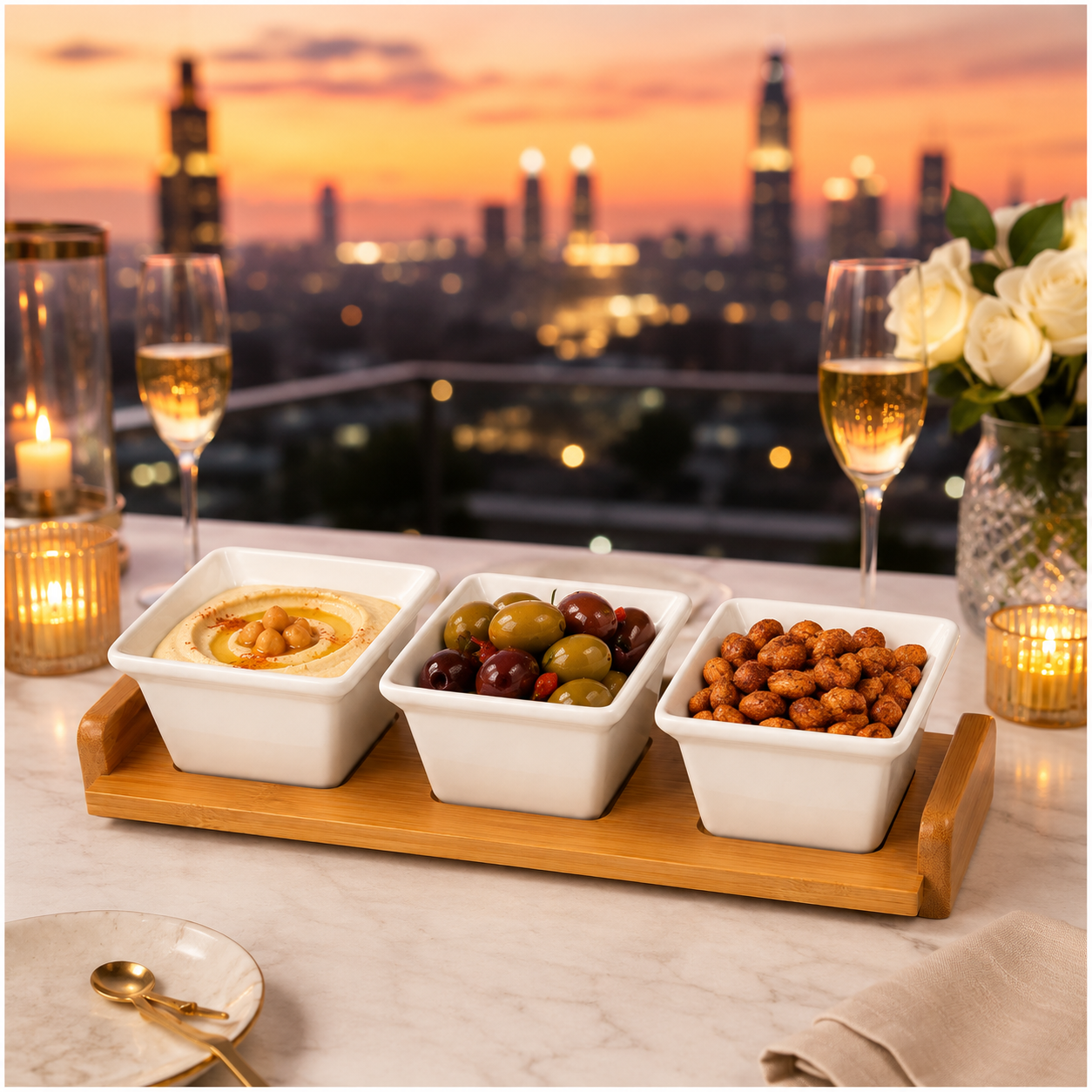 4 Piece Beauitiful Ceramic Snack Bowl Set with Wooden Serving Board- 34 cm