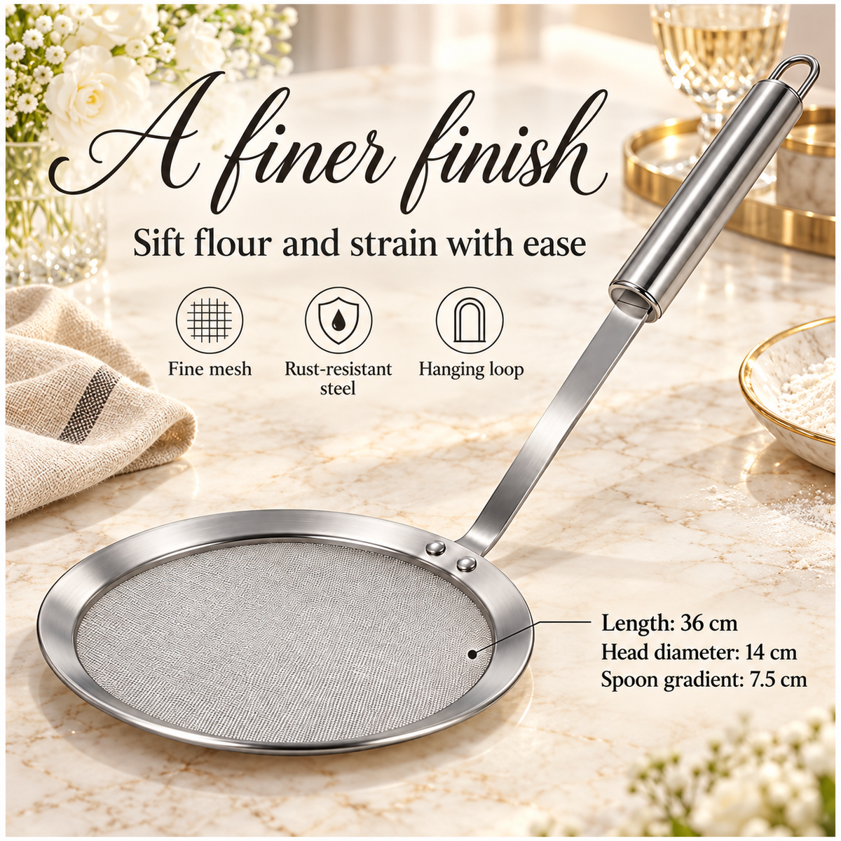 Stainless Steel Fine Mesh Strainer and Skimmer - Long Round Handle Silver