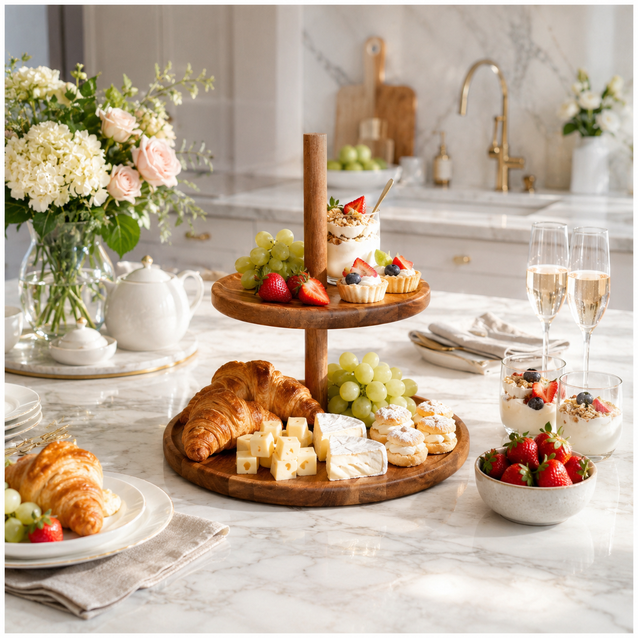 Natural Acacia 2-Tier Round Serving Platter - Wooden Display Stand - 28cm