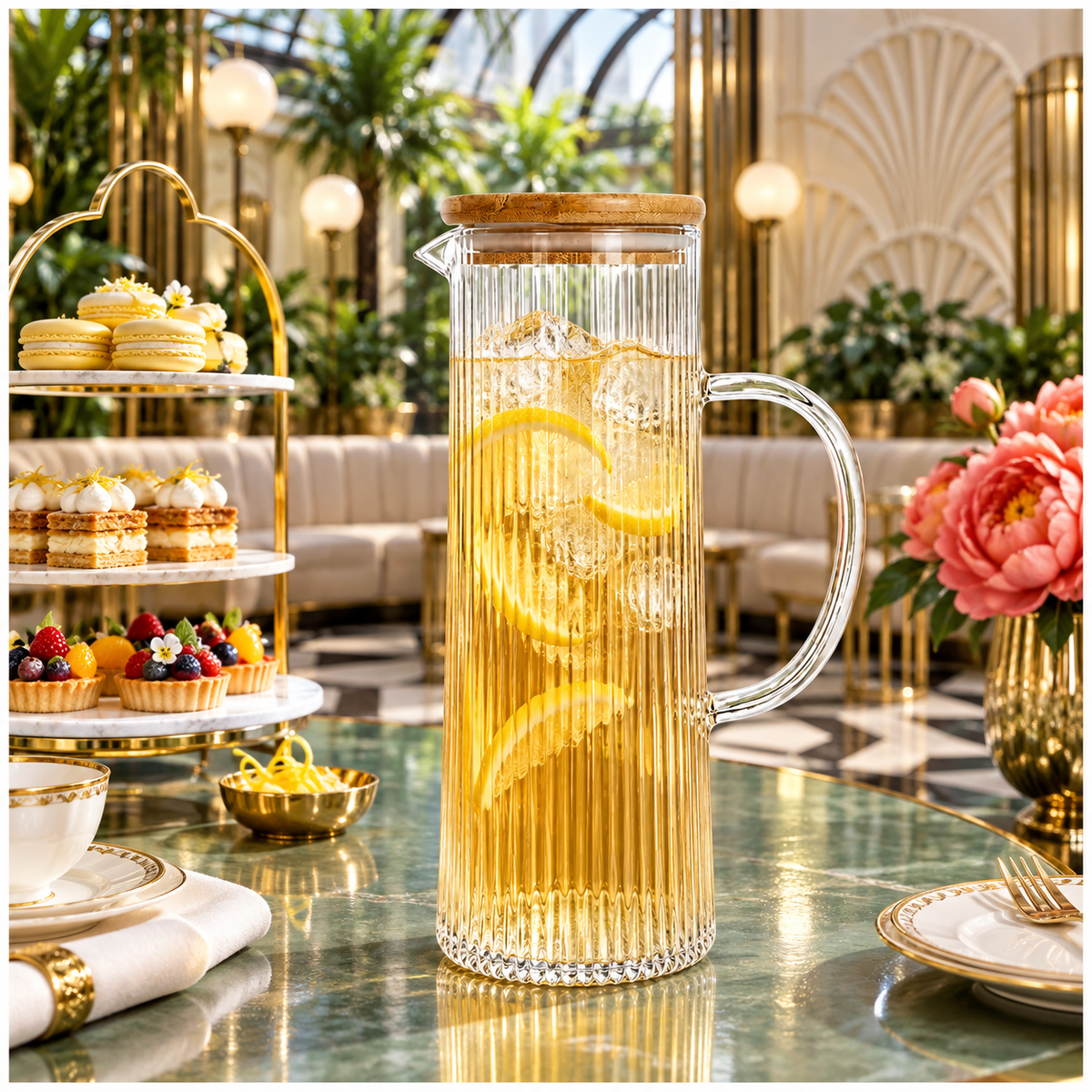 Elegant 1.2L Ribbed Crystal Glass Water Pitcher with Airtight Wooden Lid