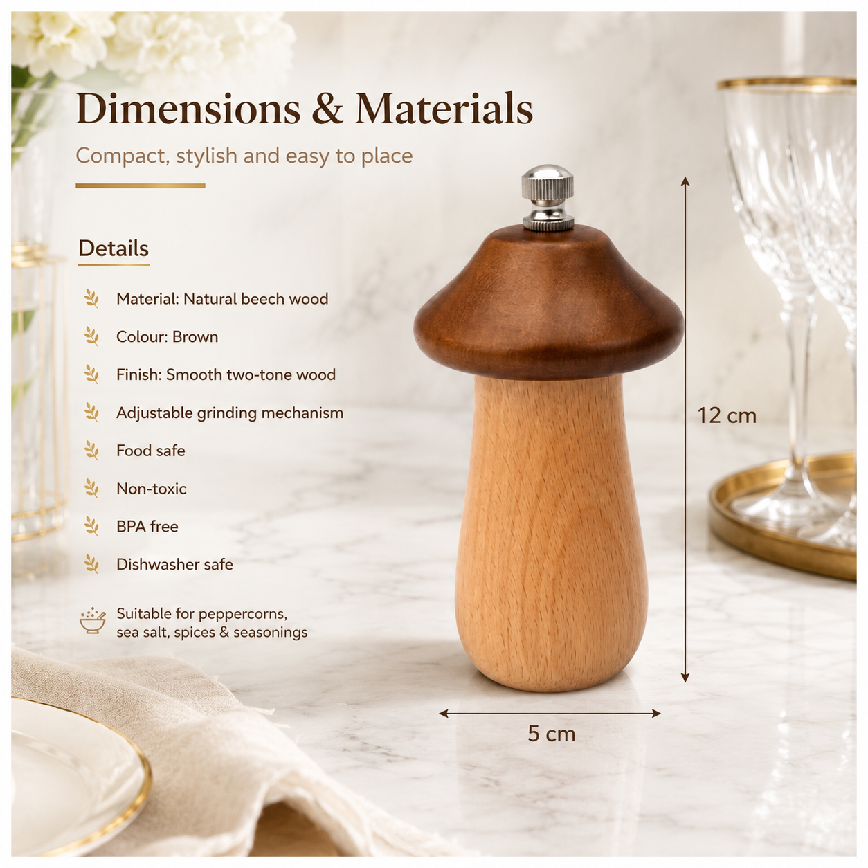 Natural Beech Wood Mushroom Pepper Mill with Adjustable Grind Control-12 cm