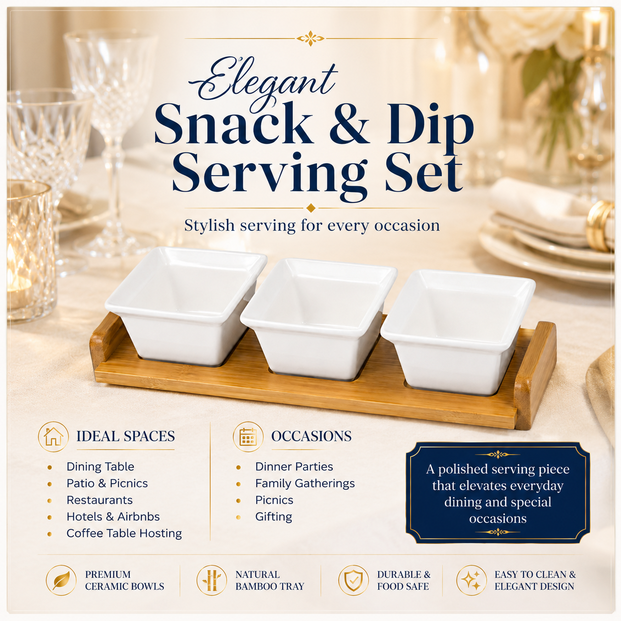 4 Piece Beauitiful Ceramic Snack Bowl Set with Wooden Serving Board- 34 cm