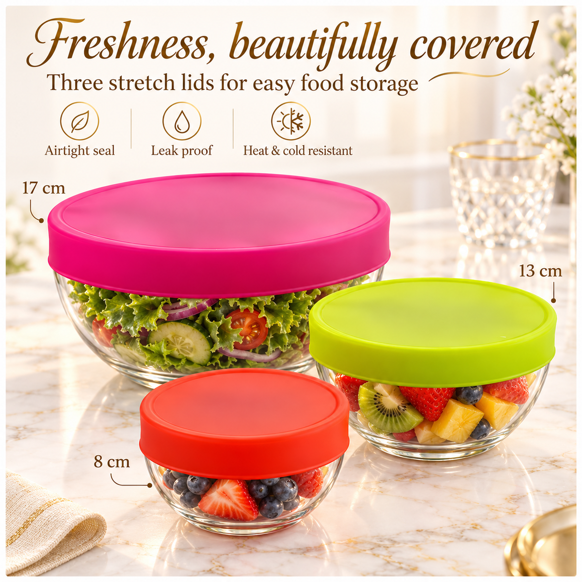 Flexible Silicone Stretch Lids 3-Piece Set | Airtight Food Covers, 8–17 cm