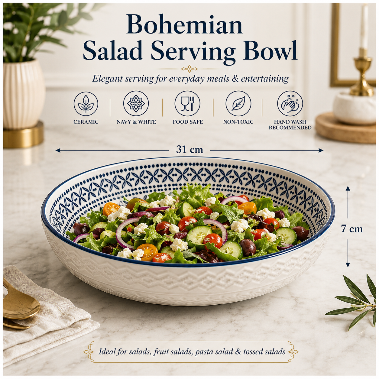 Luxury Large Ceramic Salad Serving Bowl 31cm–Navy and White -Floral Design