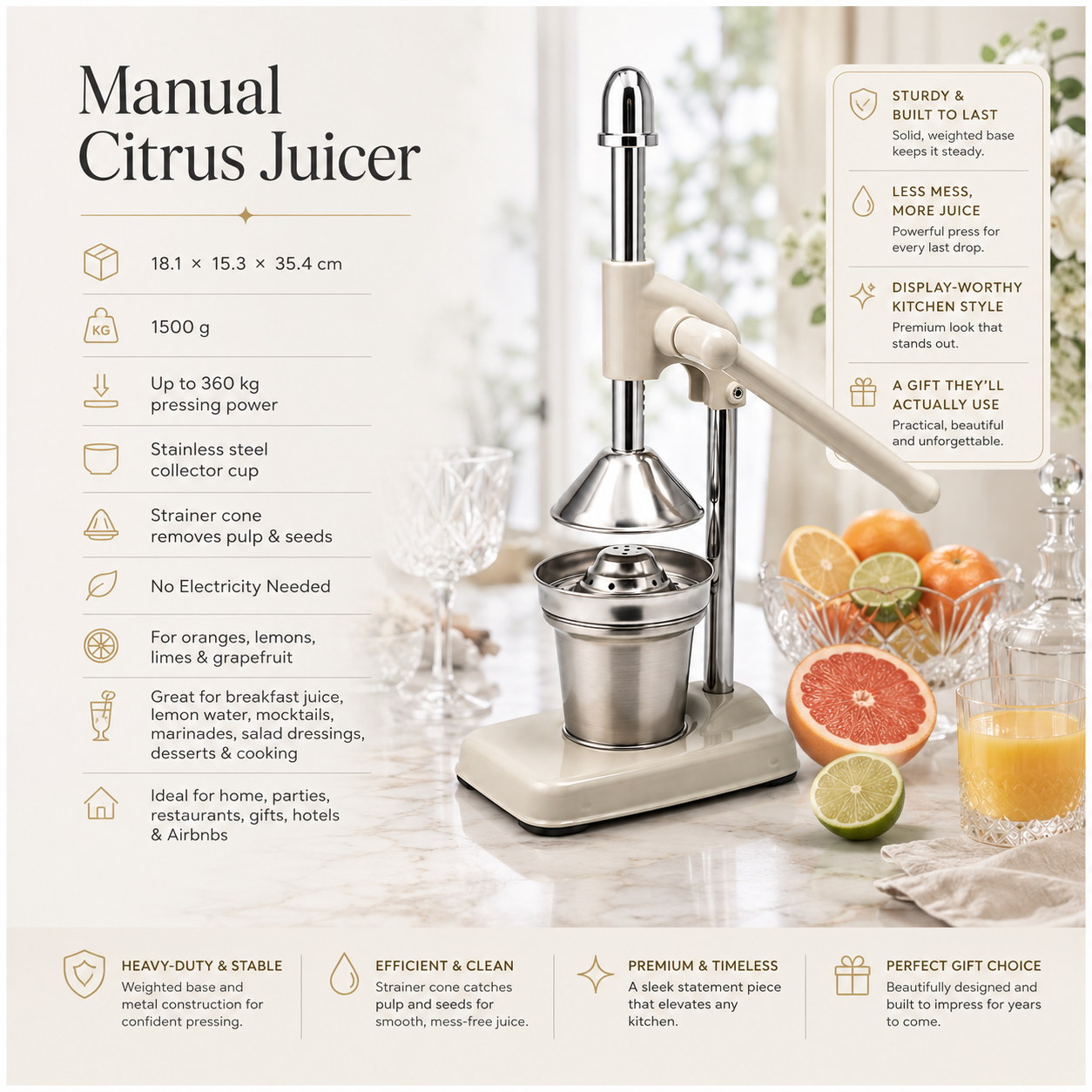 Manual Citrus Juicer- Lever Arm Juice Press with Stainless Steel Cup- 35 CM