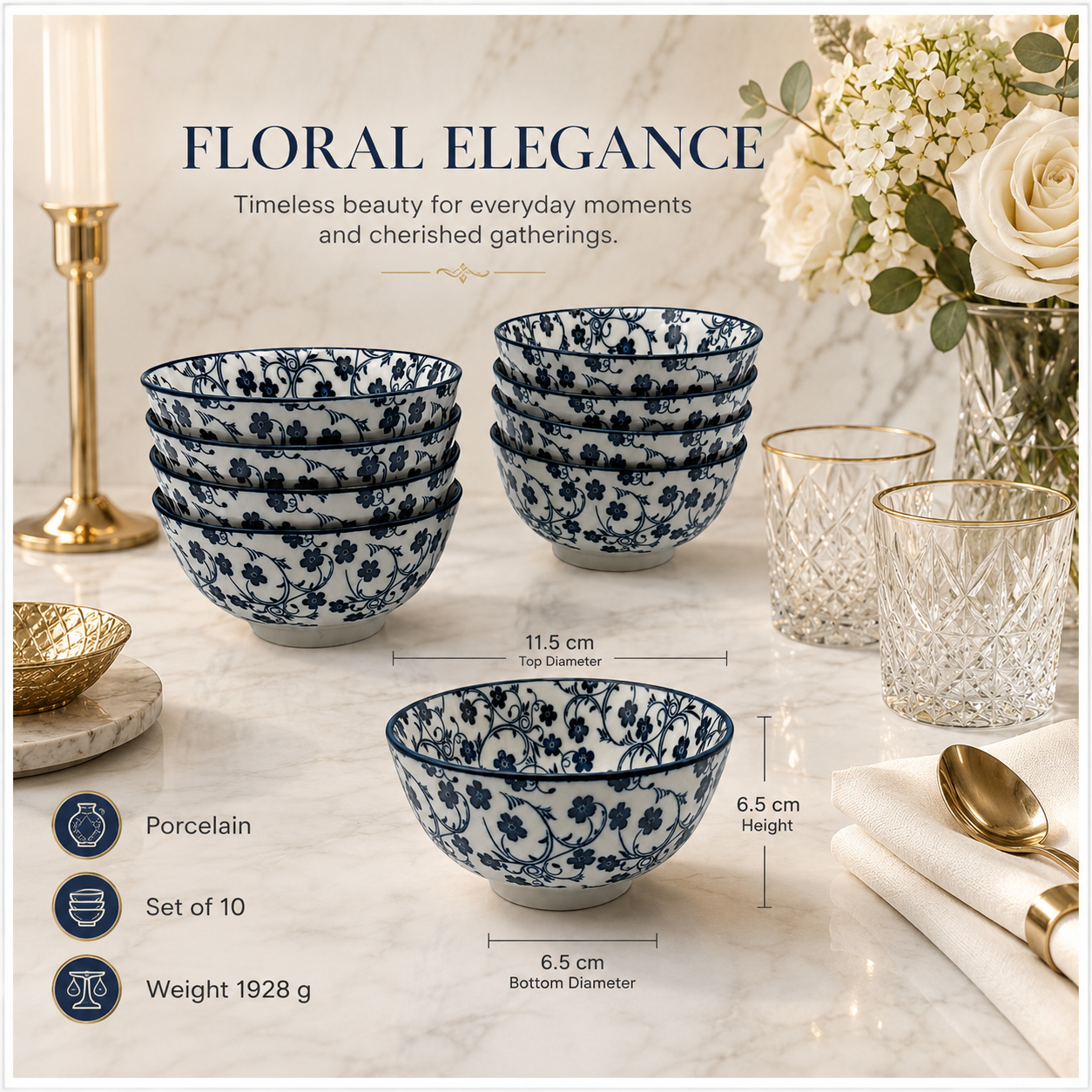 Elegant 10-Piece Blue and White Porcelain Starter Bowl Set