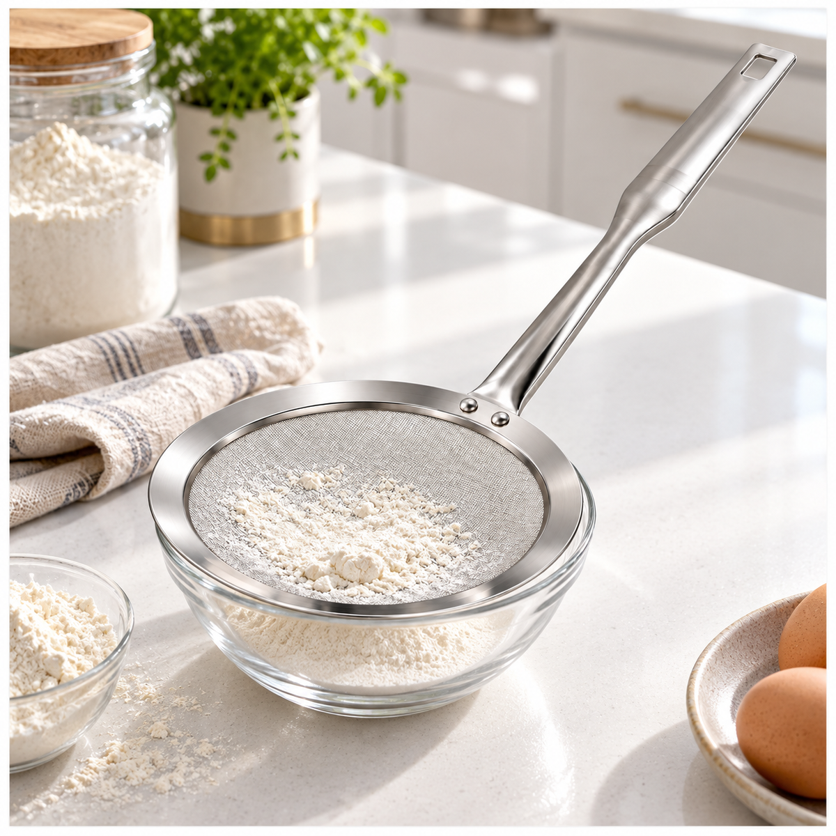 Stainless Steel Fine Mesh Strain Skimmer with Long Flat Handle – Silver