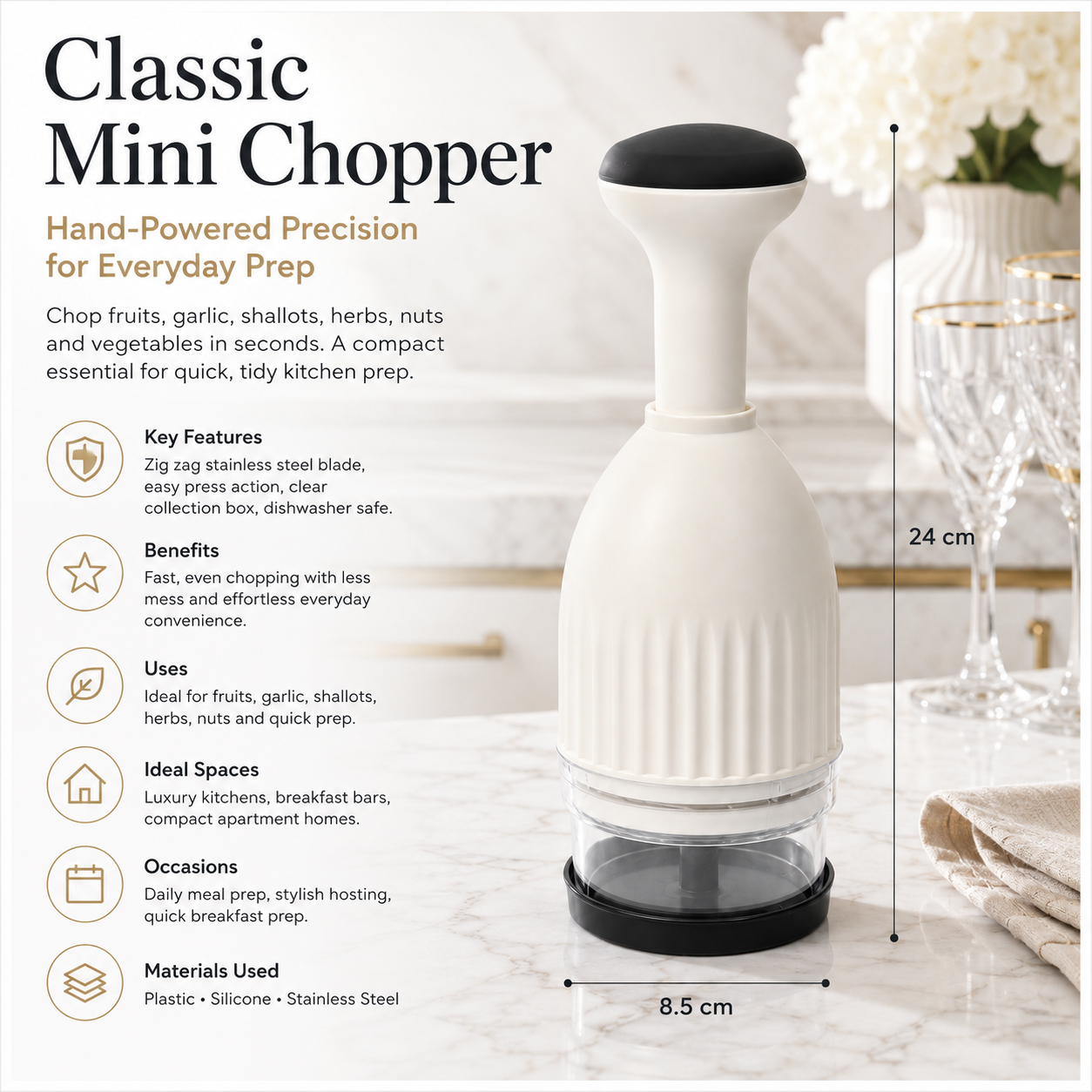 Essential Hand-Powered Compact Food Chopper – 8.5 x 24cm