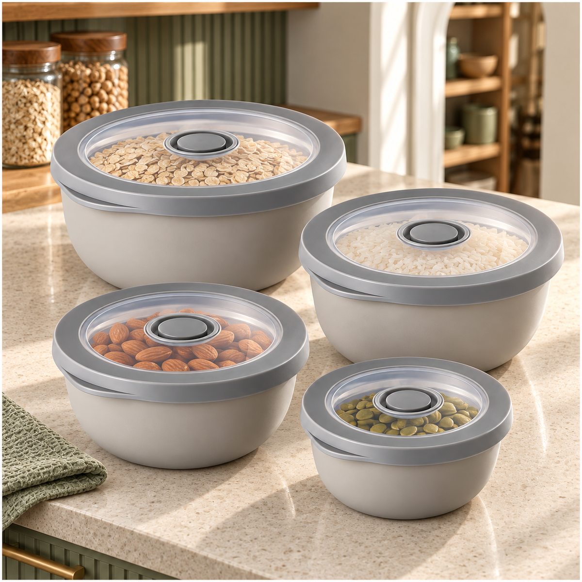 Airtight Round Food Storage Container Set of 4 – Grey, Clear Lids, BPA-Free