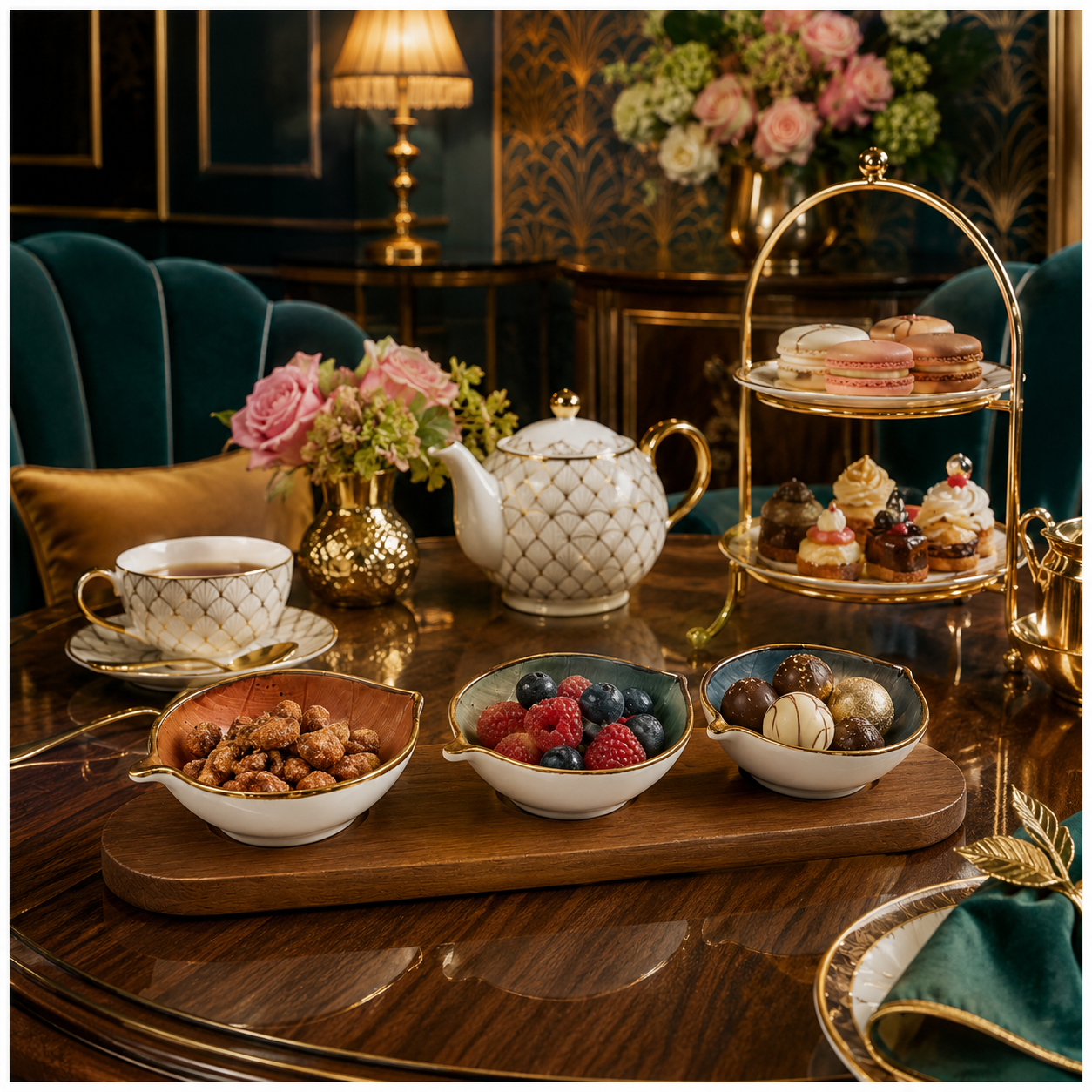 Elegant 4-Piece Leaf Bowl Serveware Bowls Set With Acacia Board - 33 cm