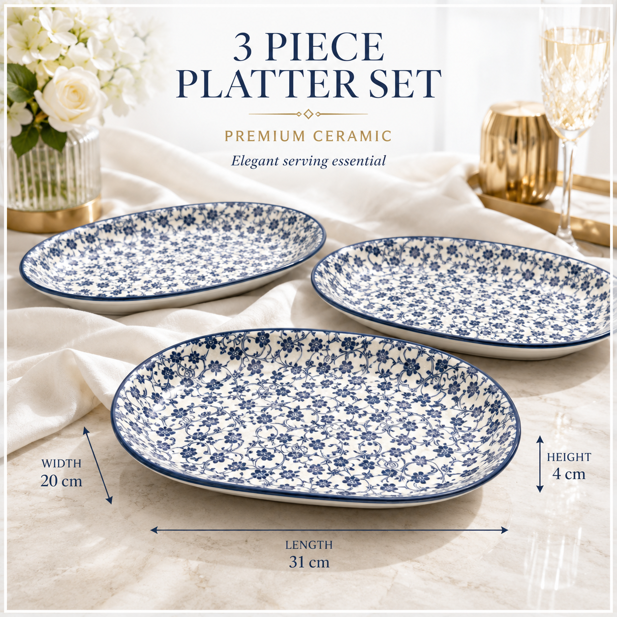 Elegant Blue and White Ceramic Serving Platter Set – Set of 3 - 30 cm