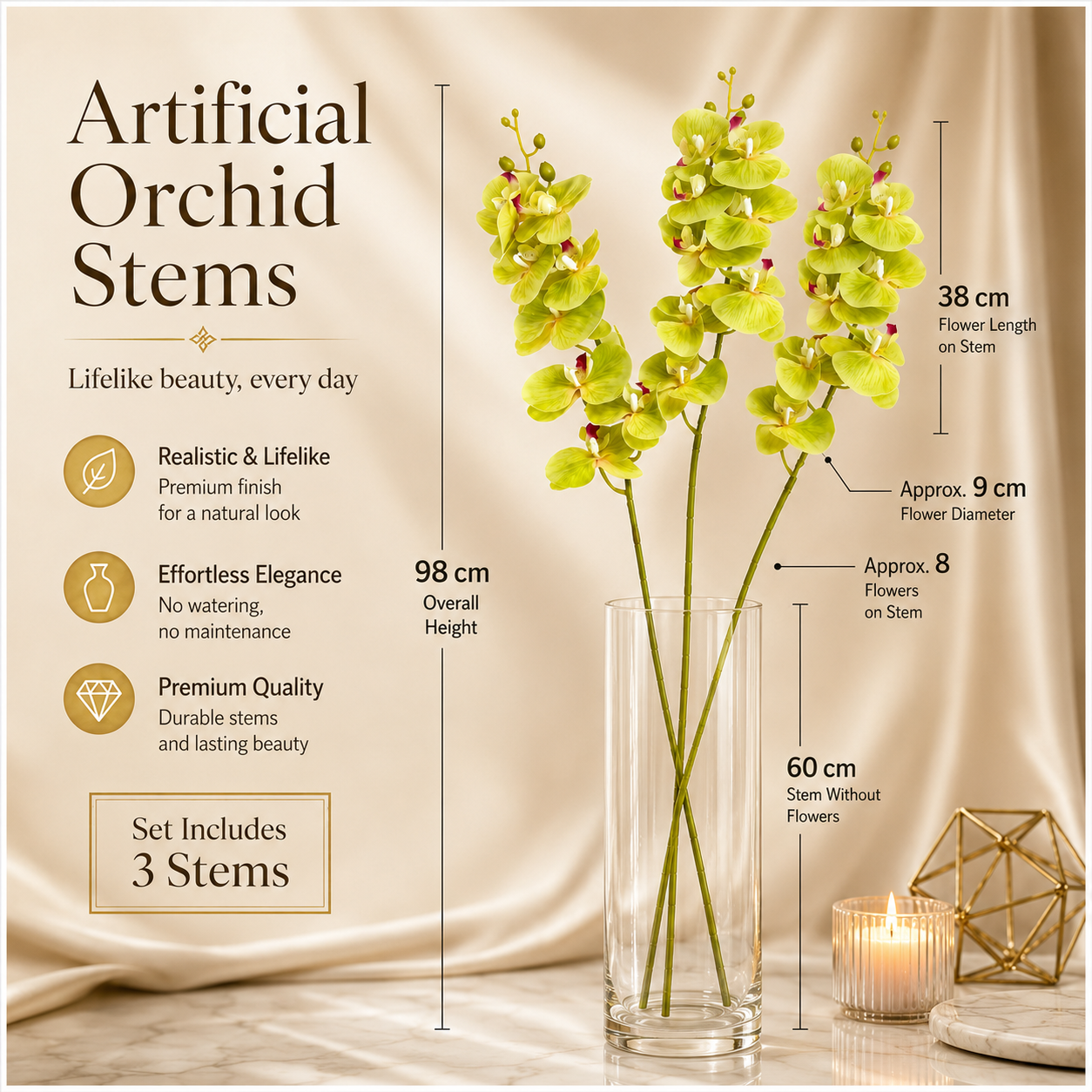 3-Piece Elegant Orchid Flower Stem Set – 98cm Tall, Modern Floral set