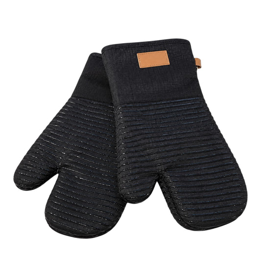 Pair of black oven mitts with a brown label on a white background