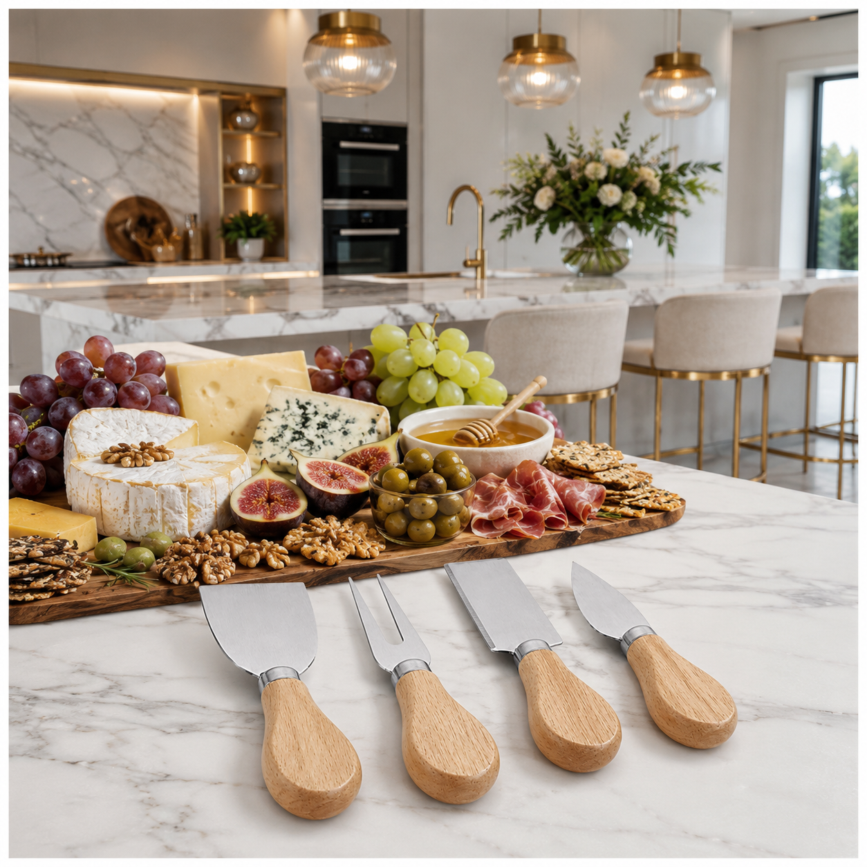 4-Piece Beech Wood Cheese Knife Serving Set - 12 cm