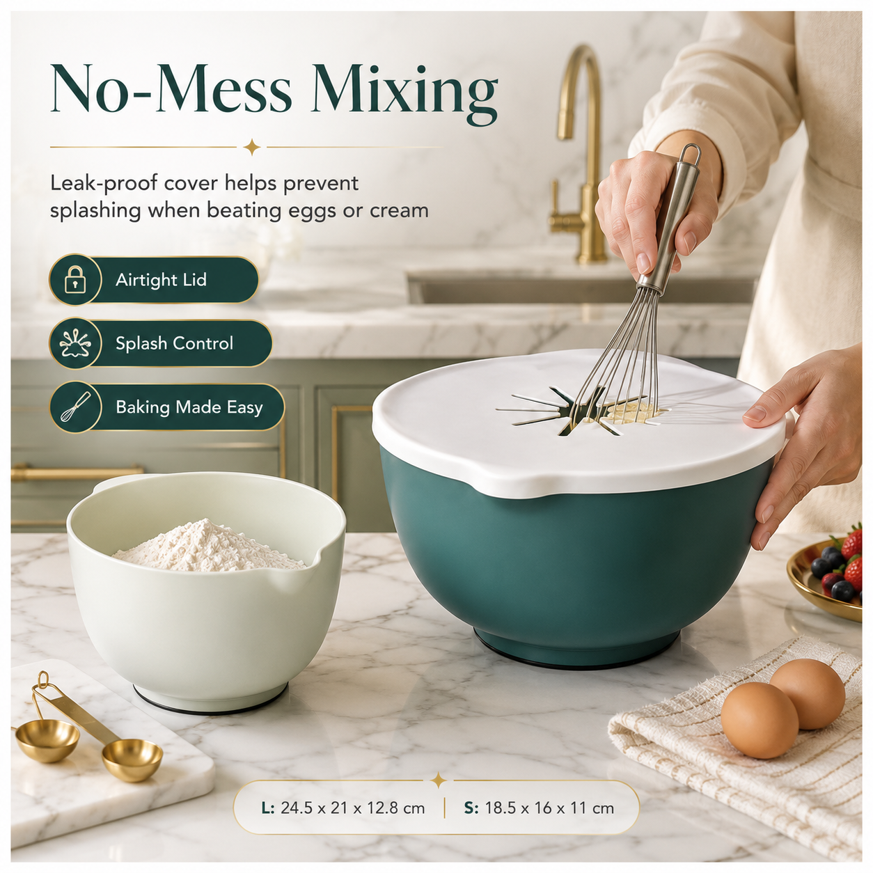 Essential 3 Piece Mixing Bowl Set with Lid – 2 Sizes- Baking Prep BowlS