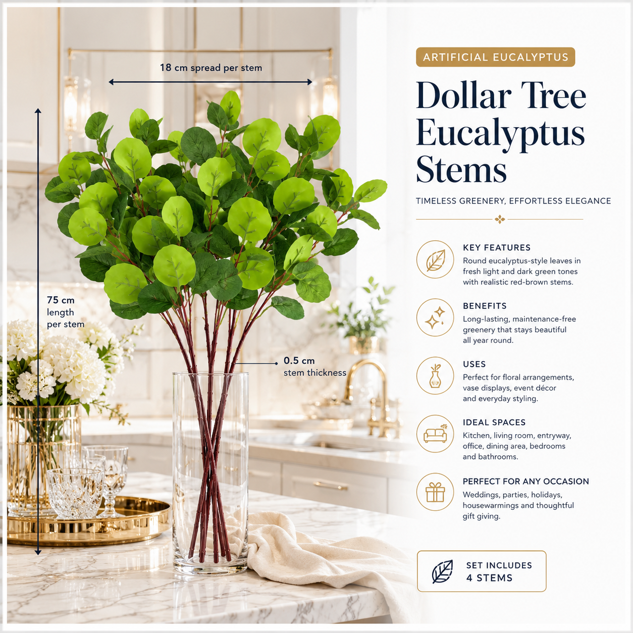 4-Piece Artificial Dollar Tree Eucalyptus Stem Set – 75 cm - Green