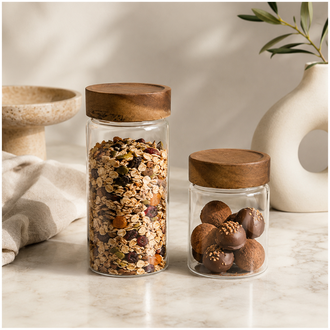 2-Piece Glass Storage Jar Set with Solid Acacia Wood Lids – 580ml and 500ml