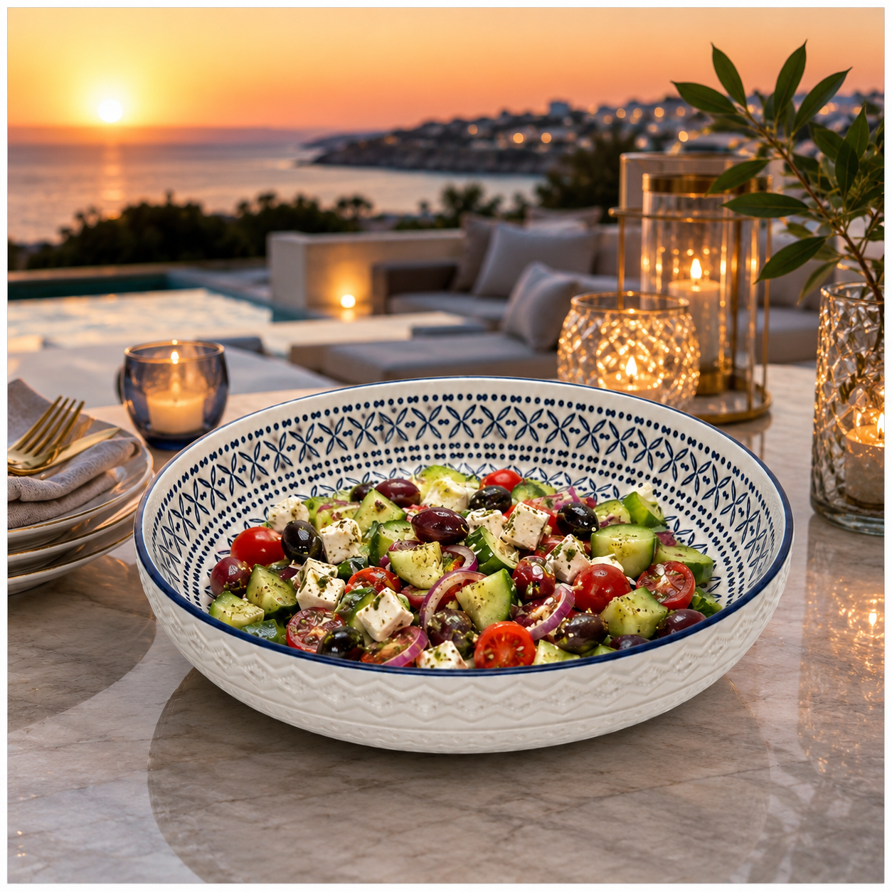Luxury Large Ceramic Salad Serving Bowl 31cm–Navy and White -Floral Design