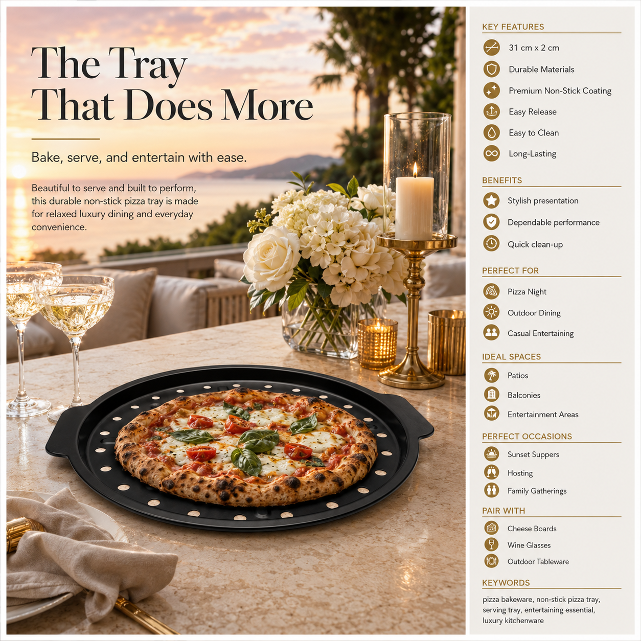 Crisp-Crust Non-Stick Pizza Tray –Carbon Steel Oven-to-Table Bakeware -31cm