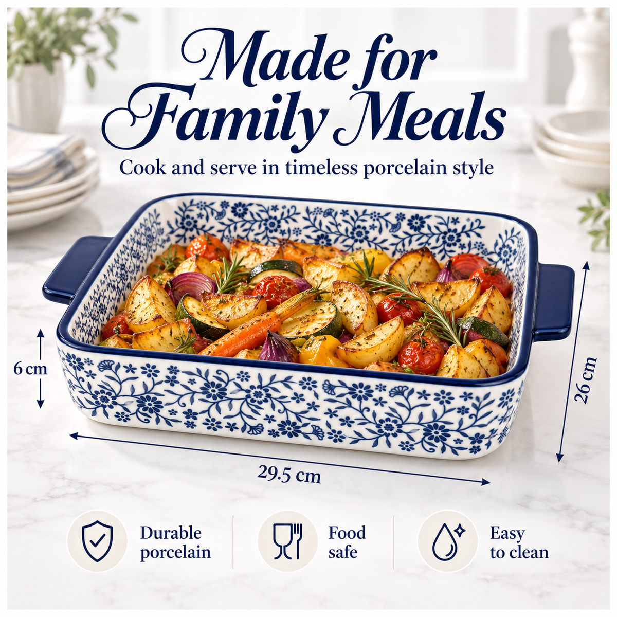 Elegant Blue and White Floral Porcelain Baking Dish with Handles - 29.5cm