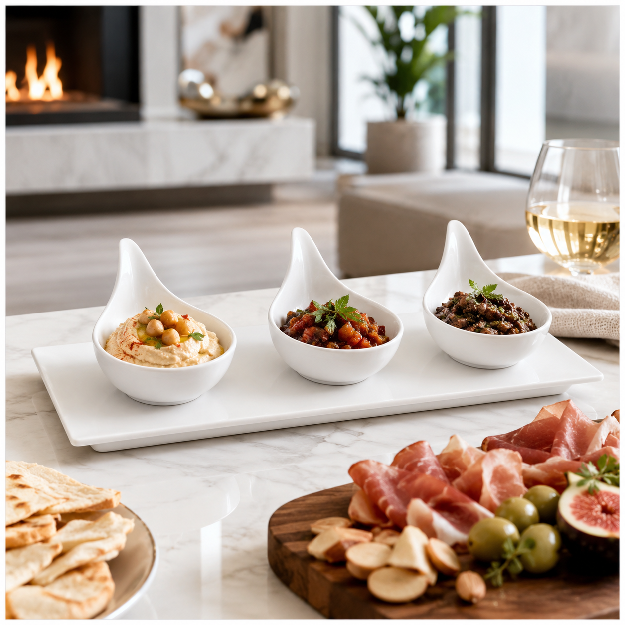 Luxury 3-Piece High Quality Fine Porcelain Serving Bowl and Tray Set- White