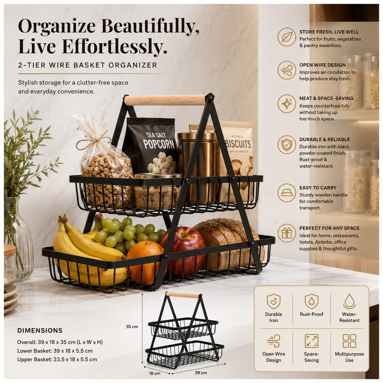 2 Tier Basket Organizer-Rack for Fruits, Vegetables and Everyday Essentials