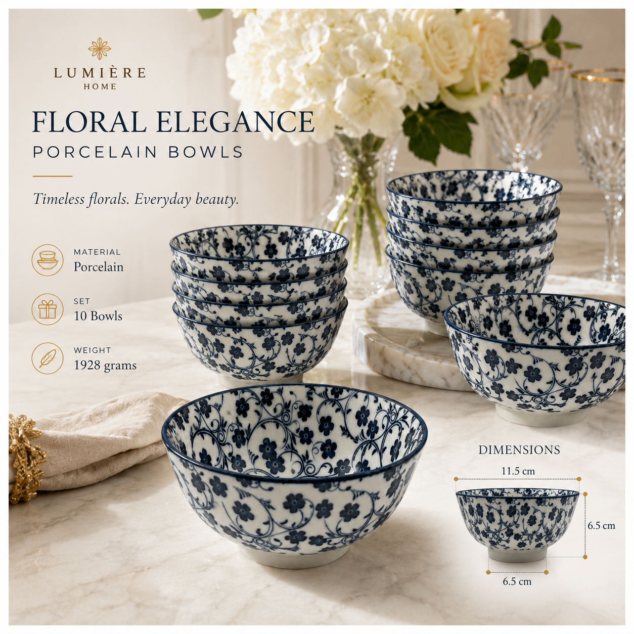 Elegant 10-Piece Blue and White Porcelain Starter Bowl Set