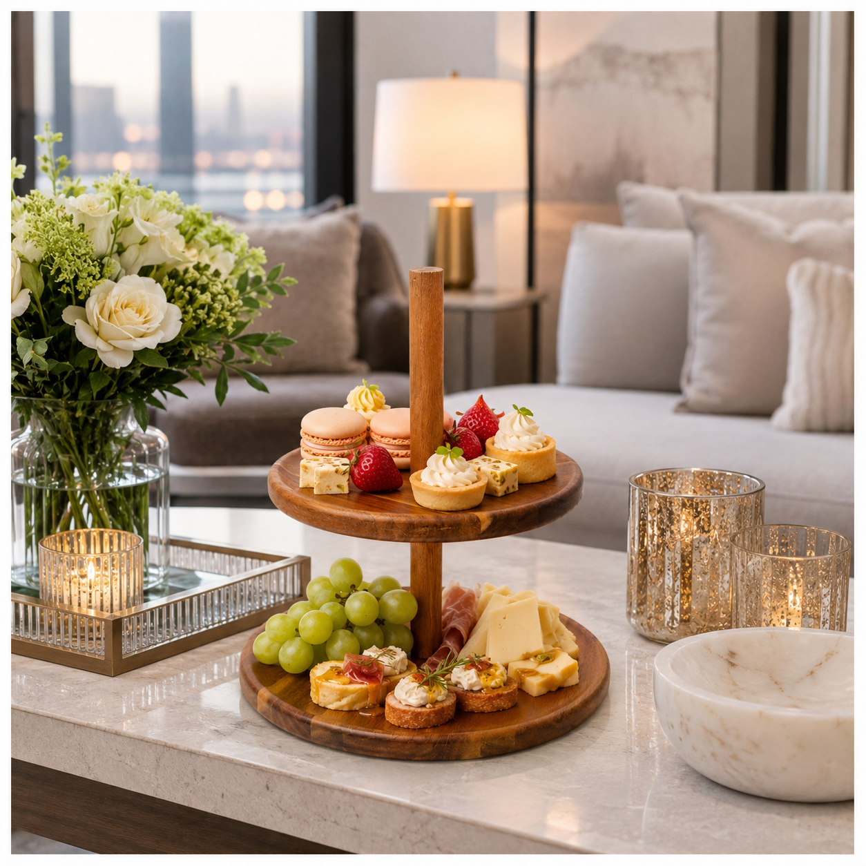 Natural Acacia 2-Tier Round Serving Platter - Wooden Display Stand - 28cm