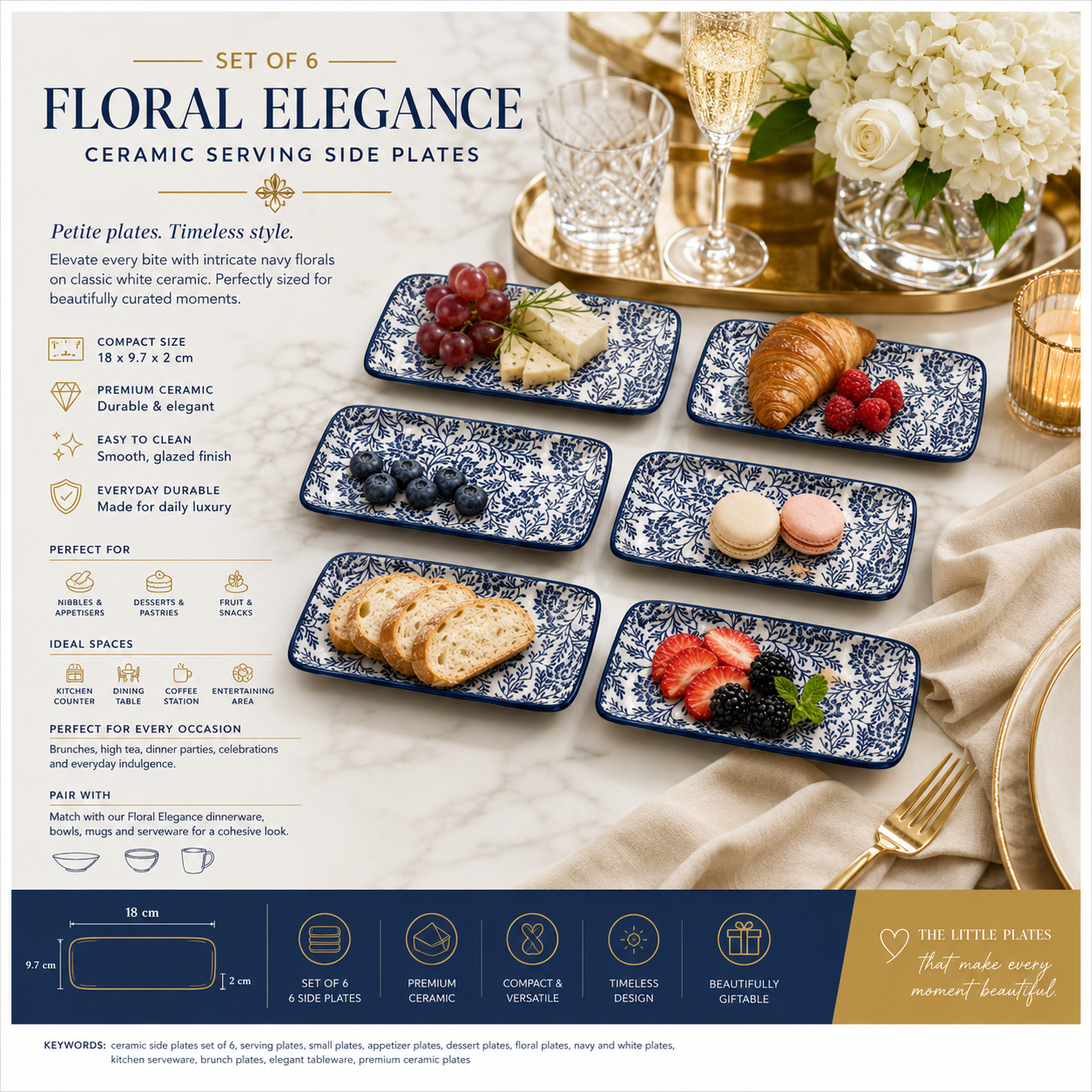 6-Piece Navy Floral Ceramic Side Plates for Luxe Hosting and Everyday Style