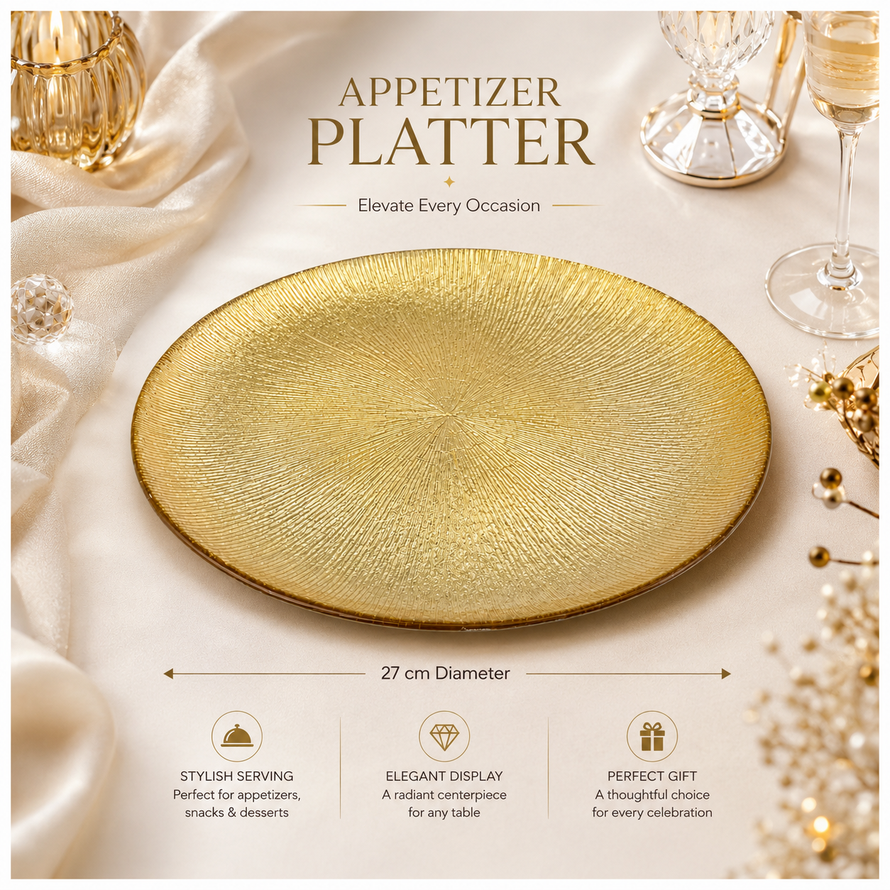 Elegant Gold Sunburst Glass Dessert and Appetizer Platter – 27cm
