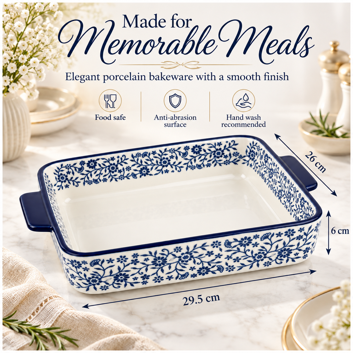 Elegant Blue and White Floral Porcelain Baking Dish with Handles - 29.5cm