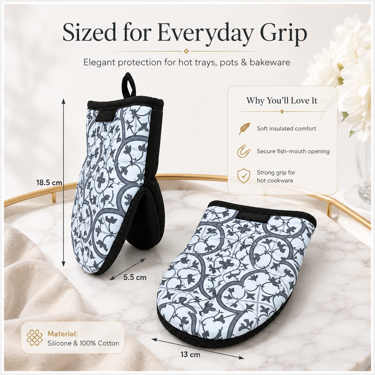 Non Slip 2-Piece Heat-Resistant Silicone Oven Mitt Set with Cotton Lining