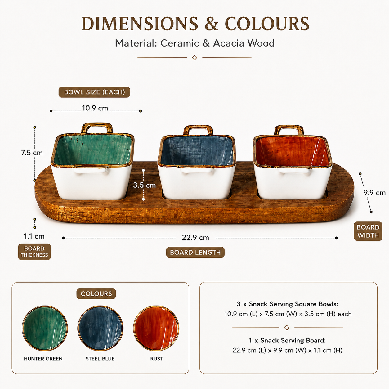 Elegant Ceramic Dessert Bowl Set with Acacia Wood Board - 4 Piece Set